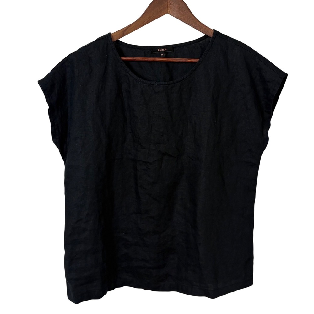 Quince Linen Top Womens M Black Short Sleeve Crew Neck Boxy Tee Classic Minimal
